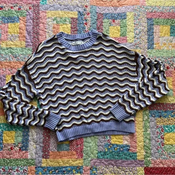 Hollister Brown, Purple and White wavy Crochet Drop sleeve sweater - Picture 1 of 4